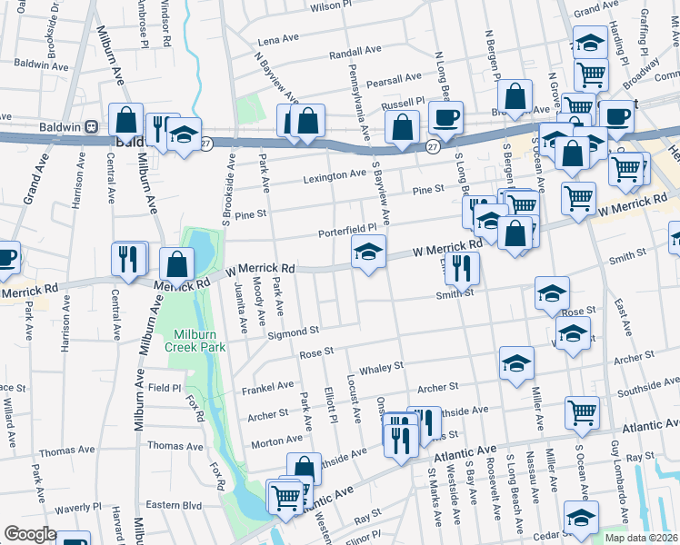 map of restaurants, bars, coffee shops, grocery stores, and more near 365 West Merrick Road in Freeport