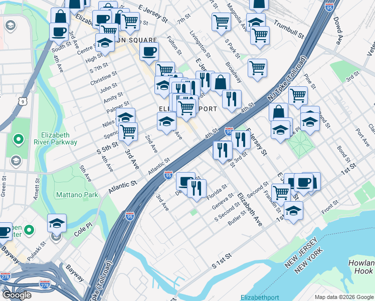 map of restaurants, bars, coffee shops, grocery stores, and more near 368 1st Avenue in Elizabeth