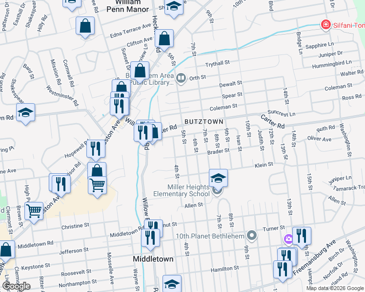 map of restaurants, bars, coffee shops, grocery stores, and more near 2531 5th St in Bethlehem