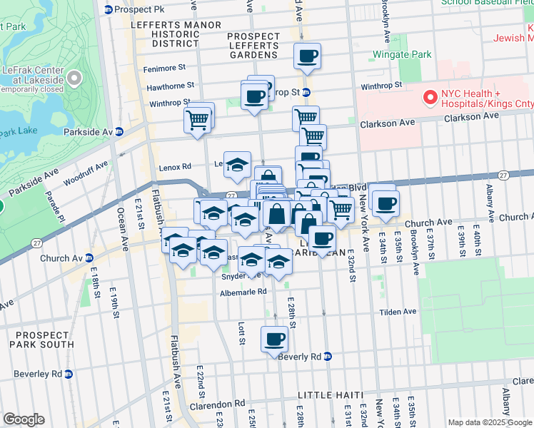 map of restaurants, bars, coffee shops, grocery stores, and more near Rogers Ave & Martense St in Brooklyn