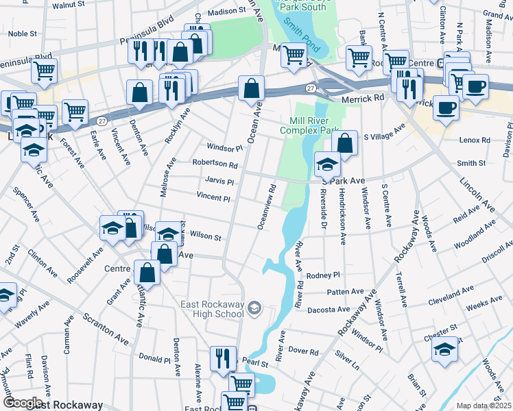 map of restaurants, bars, coffee shops, grocery stores, and more near 79 Mill River Avenue in Lynbrook