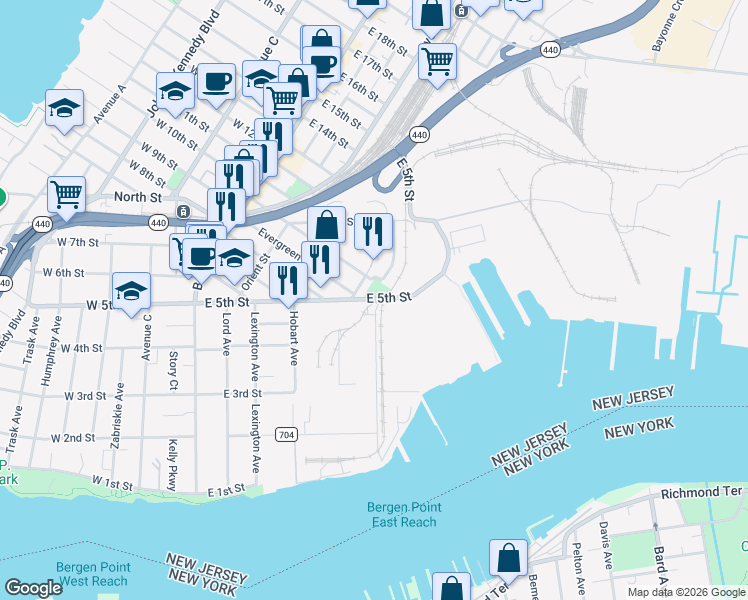 map of restaurants, bars, coffee shops, grocery stores, and more near 198 East 5th Street in Bayonne