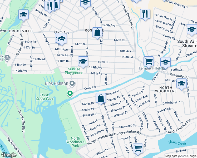map of restaurants, bars, coffee shops, grocery stores, and more near 149-46 257th Street in Queens