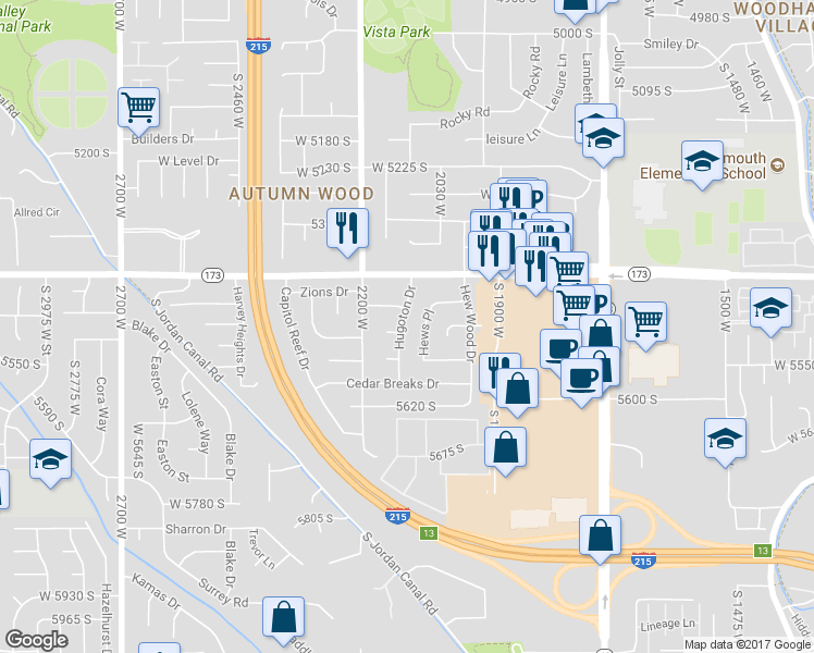 map of restaurants, bars, coffee shops, grocery stores, and more near 5485 Hugoton Drive in Salt Lake City