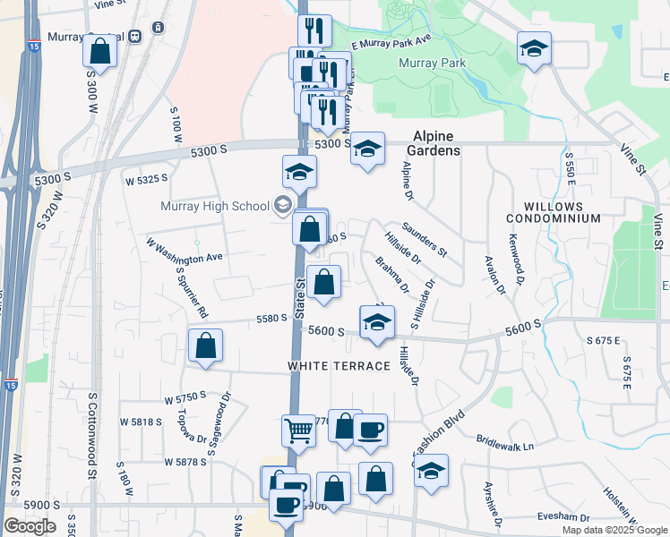 map of restaurants, bars, coffee shops, grocery stores, and more near 5491 Jackie Way in Murray