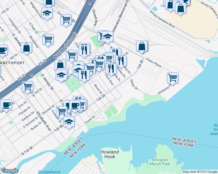map of restaurants, bars, coffee shops, grocery stores, and more near 111 Pine Street in Elizabeth