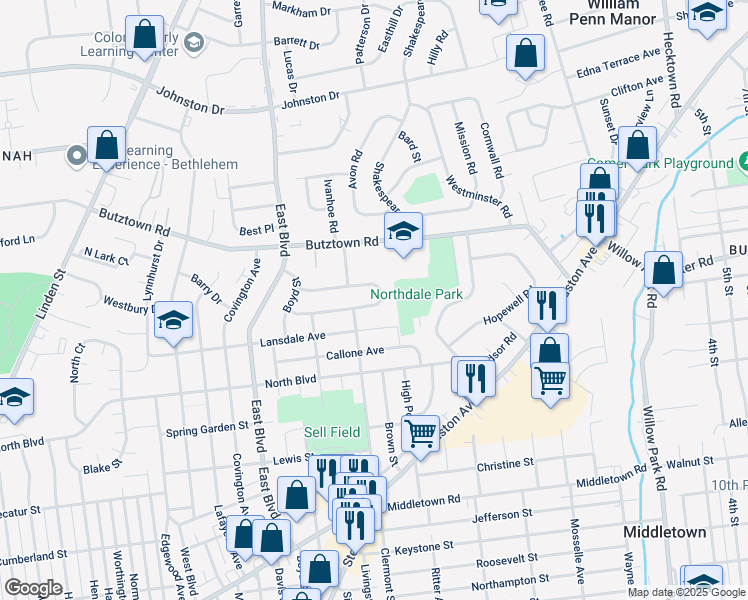 map of restaurants, bars, coffee shops, grocery stores, and more near 1869 Levering Place in Bethlehem