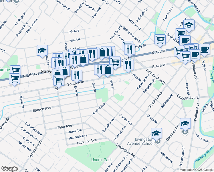 map of restaurants, bars, coffee shops, grocery stores, and more near 123 Willow Avenue in Garwood