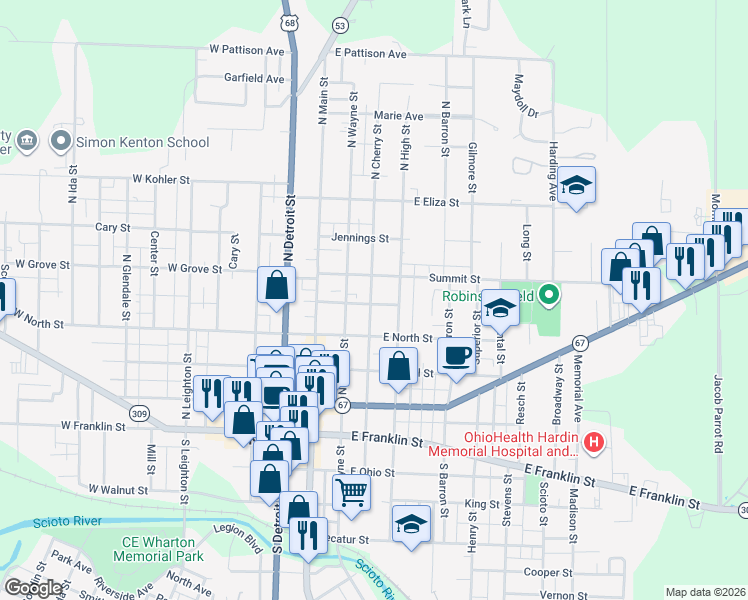 map of restaurants, bars, coffee shops, grocery stores, and more near 338 North Cherry Street in Kenton