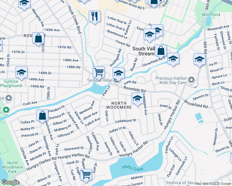 map of restaurants, bars, coffee shops, grocery stores, and more near 965 Hewlett Drive in Valley Stream