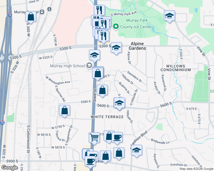 map of restaurants, bars, coffee shops, grocery stores, and more near 5492 Emberly Lane in Murray