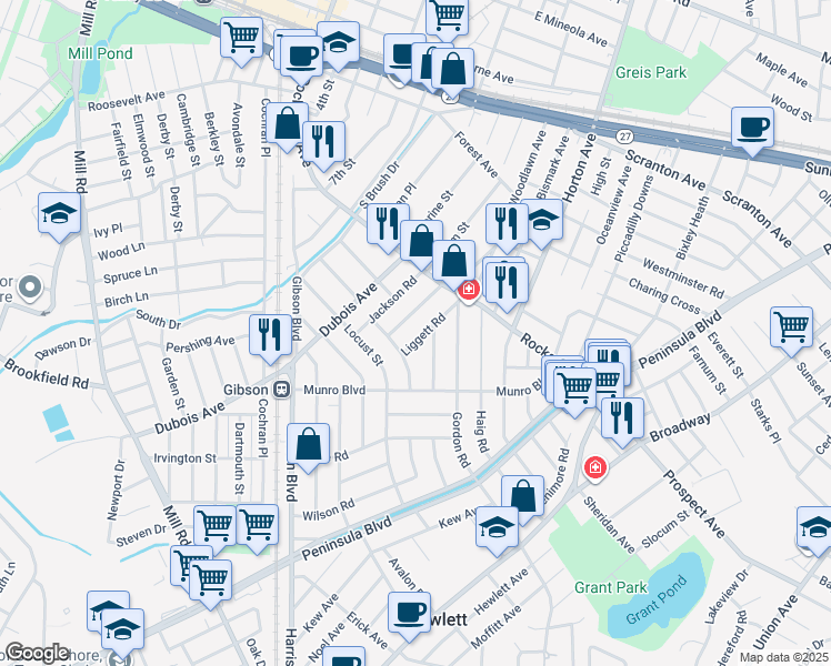 map of restaurants, bars, coffee shops, grocery stores, and more near 21 Liggett Road in Valley Stream