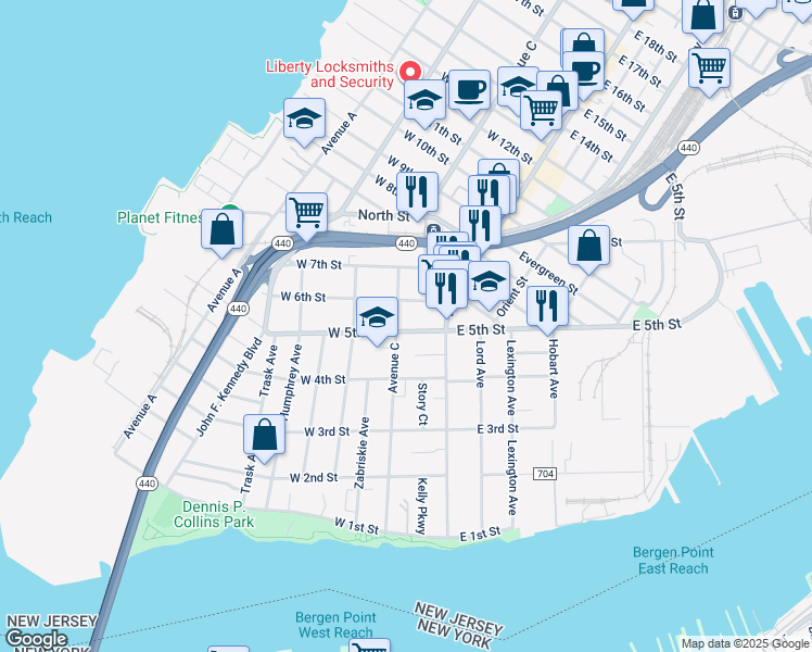 map of restaurants, bars, coffee shops, grocery stores, and more near 156 Avenue C in Bayonne