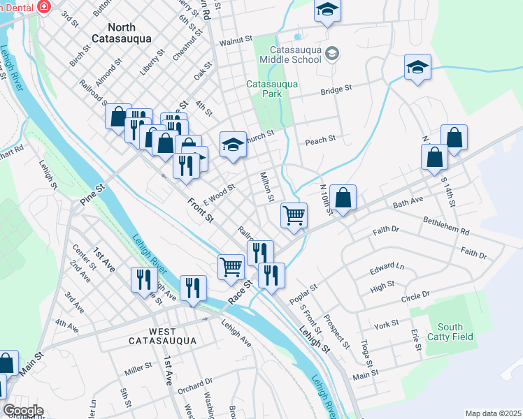 map of restaurants, bars, coffee shops, grocery stores, and more near 127 Howertown Rd in Catasauqua