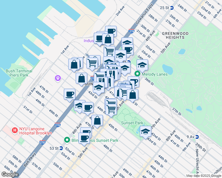 map of restaurants, bars, coffee shops, grocery stores, and more near 3921 4th Avenue in Brooklyn