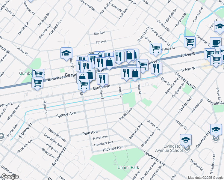 map of restaurants, bars, coffee shops, grocery stores, and more near 228 Willow Avenue in Garwood