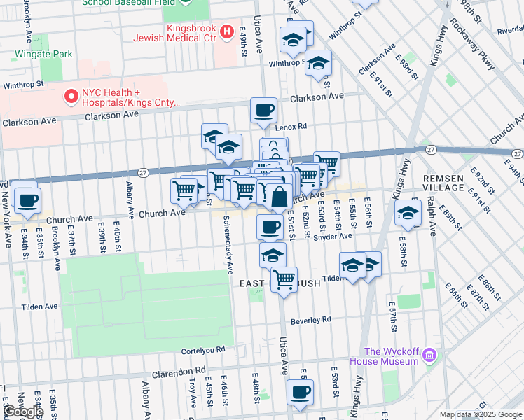 map of restaurants, bars, coffee shops, grocery stores, and more near 919 Utica Avenue in Brooklyn