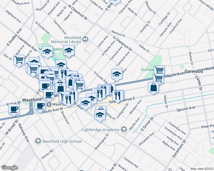 map of restaurants, bars, coffee shops, grocery stores, and more near 516 South Euclid Avenue in Westfield