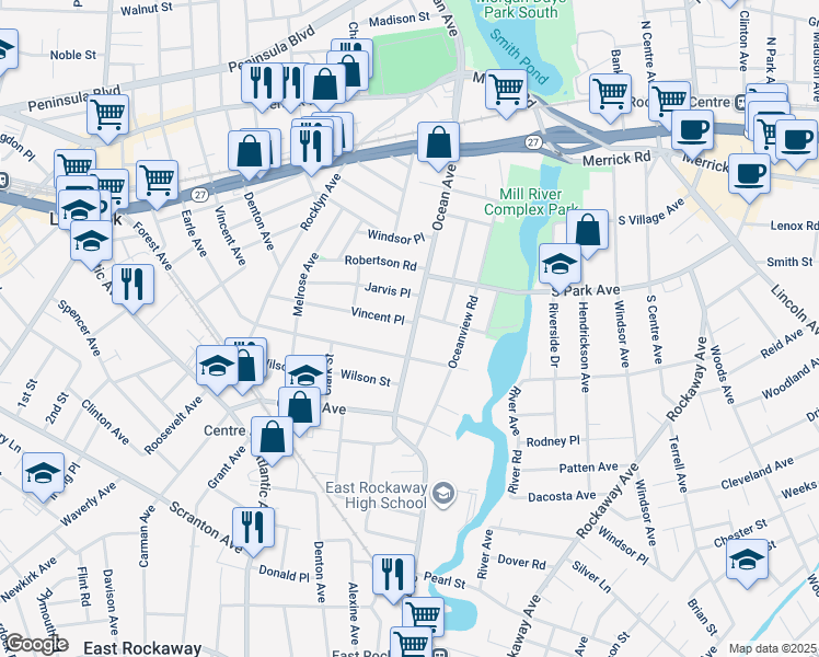map of restaurants, bars, coffee shops, grocery stores, and more near 110 Vincent Place in Lynbrook