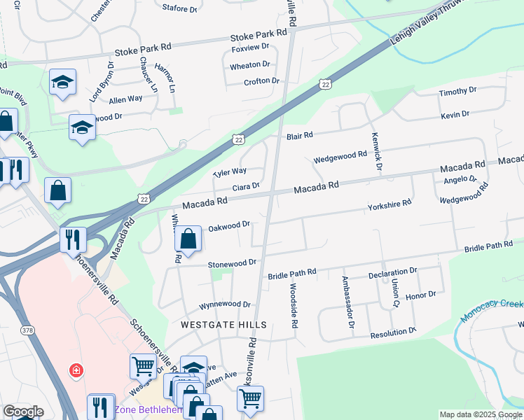 map of restaurants, bars, coffee shops, grocery stores, and more near 2945 Jacksonville Road in Bethlehem