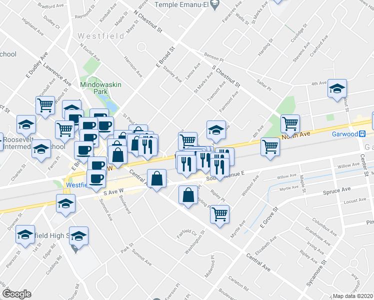 map of restaurants, bars, coffee shops, grocery stores, and more near 433 North Avenue East in Westfield