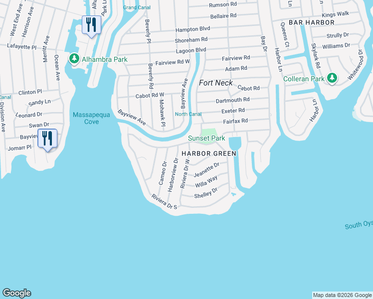 map of restaurants, bars, coffee shops, grocery stores, and more near 256 Riviera Drive East in Massapequa