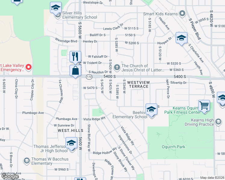 map of restaurants, bars, coffee shops, grocery stores, and more near 5483 South 5425 West in Kearns