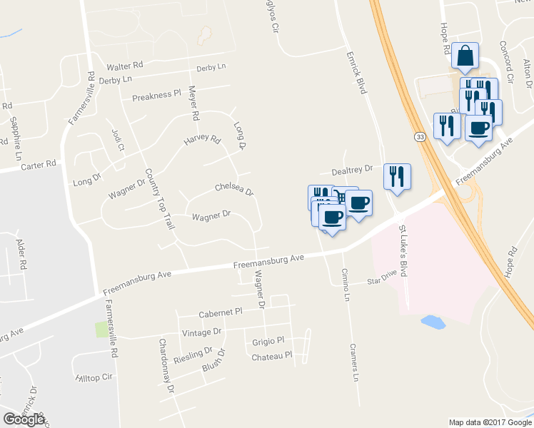 map of restaurants, bars, coffee shops, grocery stores, and more near 4935 Chelsea Drive in Bethlehem