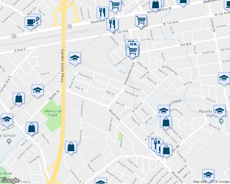 map of restaurants, bars, coffee shops, grocery stores, and more near 327 Dietz Street in Roselle