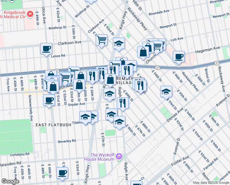 map of restaurants, bars, coffee shops, grocery stores, and more near 115 East 59th Street in Brooklyn