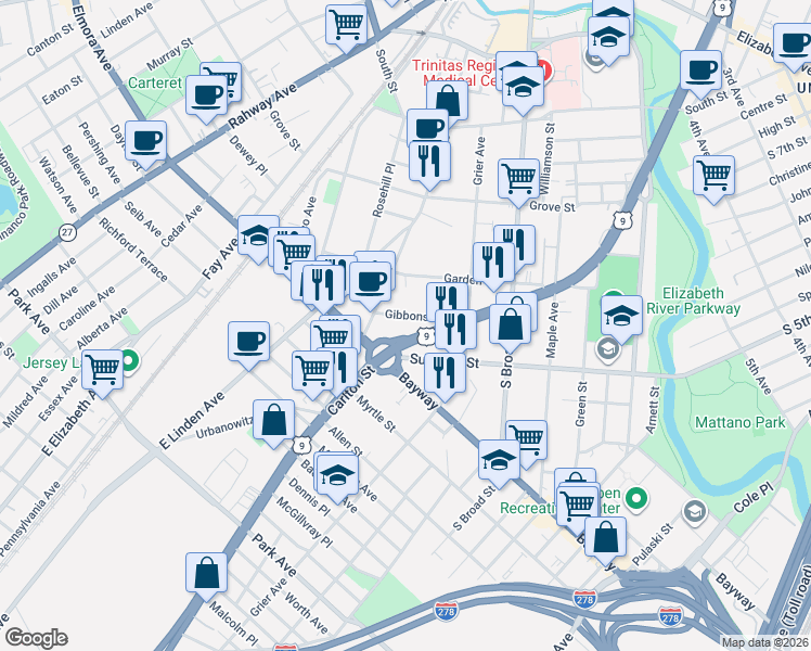 map of restaurants, bars, coffee shops, grocery stores, and more near 846 Gibbons Court in Elizabeth