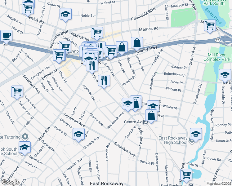 map of restaurants, bars, coffee shops, grocery stores, and more near 200 Atlantic Avenue in Lynbrook