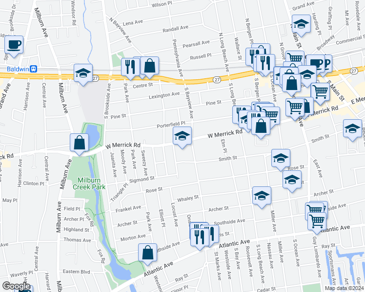 map of restaurants, bars, coffee shops, grocery stores, and more near 325 West Merrick Road in Freeport