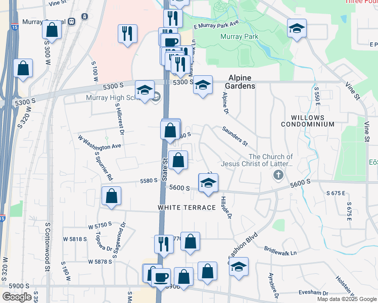 map of restaurants, bars, coffee shops, grocery stores, and more near 5492 Emberly Lane in Murray