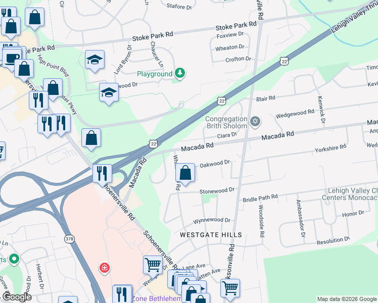 map of restaurants, bars, coffee shops, grocery stores, and more near 1425 Macada Road in Bethlehem