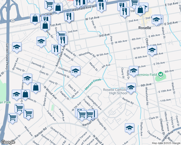 map of restaurants, bars, coffee shops, grocery stores, and more near 225 Grace Street in Roselle