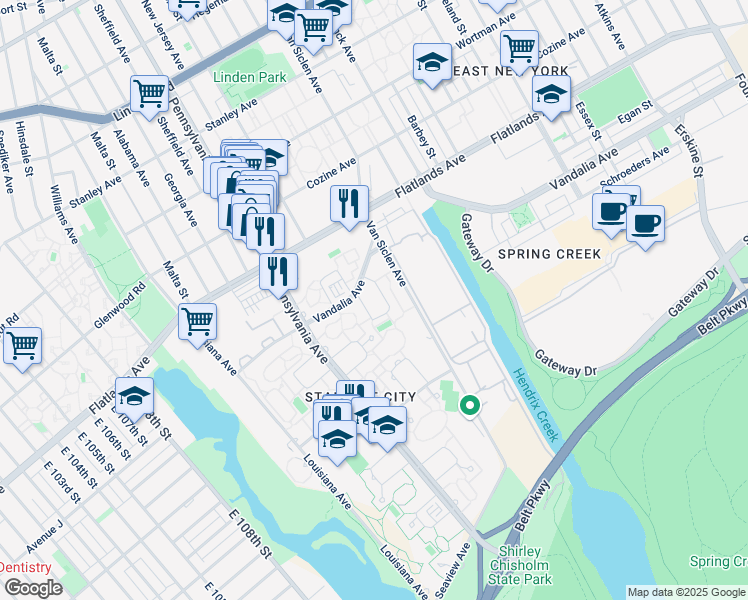 map of restaurants, bars, coffee shops, grocery stores, and more near 186 Vandalia Avenue in Brooklyn