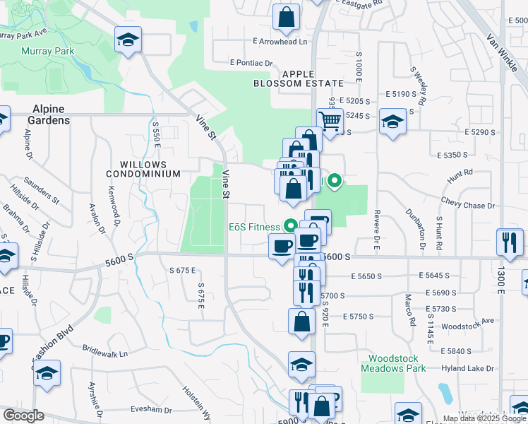 map of restaurants, bars, coffee shops, grocery stores, and more near 5547 Brookridge Drive in Murray