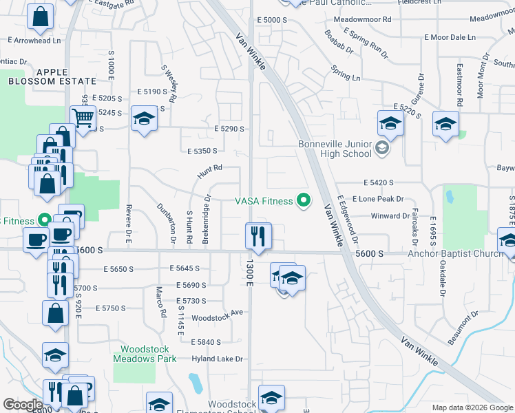 map of restaurants, bars, coffee shops, grocery stores, and more near 1344 Merritt Circle in Salt Lake City