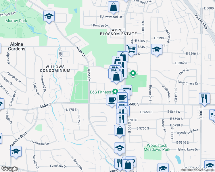 map of restaurants, bars, coffee shops, grocery stores, and more near 5547-5555 Brookridge Dr in Murray