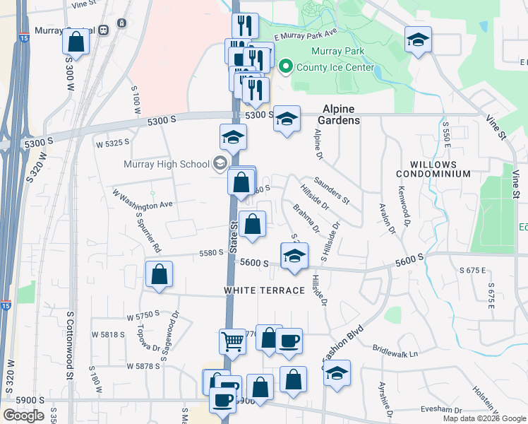 map of restaurants, bars, coffee shops, grocery stores, and more near 5492 Emberly Lane in Murray