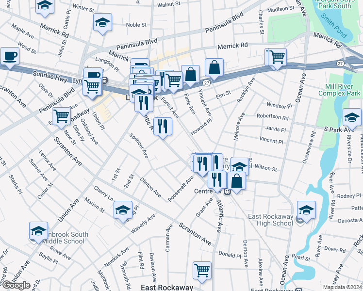 map of restaurants, bars, coffee shops, grocery stores, and more near 200 Atlantic Avenue in Lynbrook