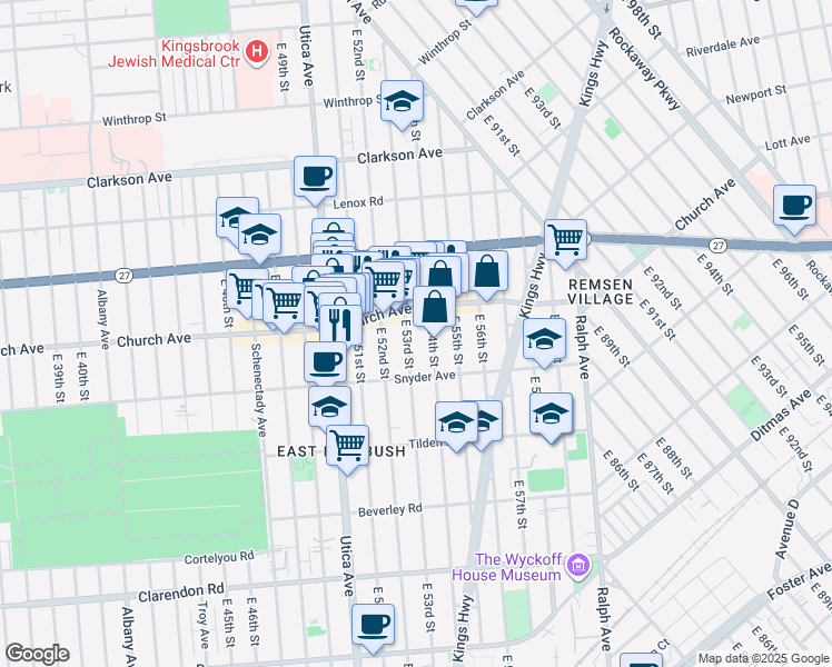 map of restaurants, bars, coffee shops, grocery stores, and more near 340 East 53rd Street in Brooklyn