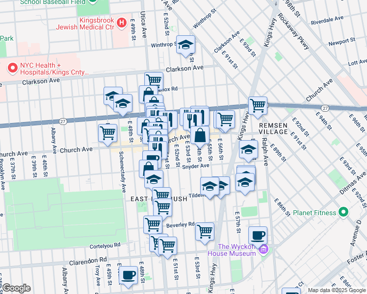 map of restaurants, bars, coffee shops, grocery stores, and more near 340 East 53rd Street in Brooklyn