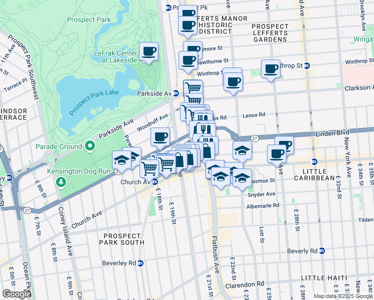 map of restaurants, bars, coffee shops, grocery stores, and more near 100 East 21st Street in Brooklyn