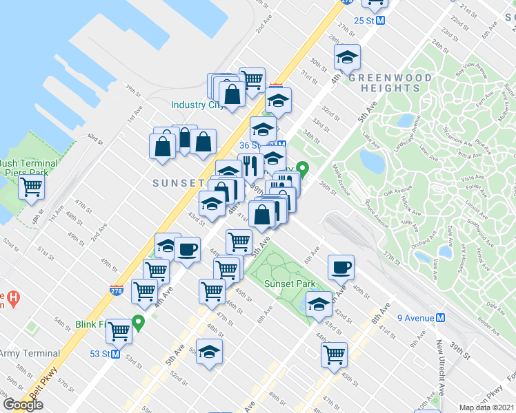 map of restaurants, bars, coffee shops, grocery stores, and more near 451 40th Street in Brooklyn