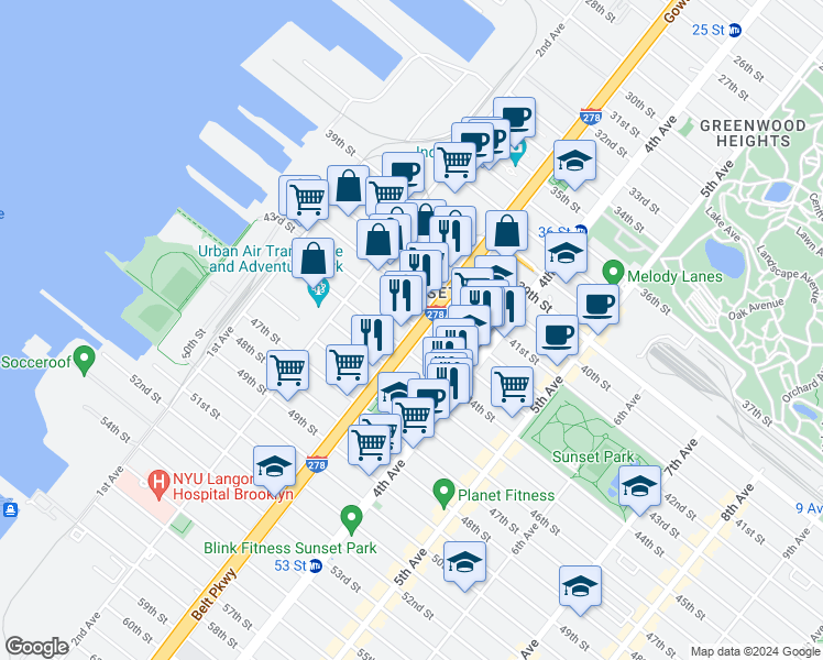 map of restaurants, bars, coffee shops, grocery stores, and more near 4420 3rd Avenue in Brooklyn