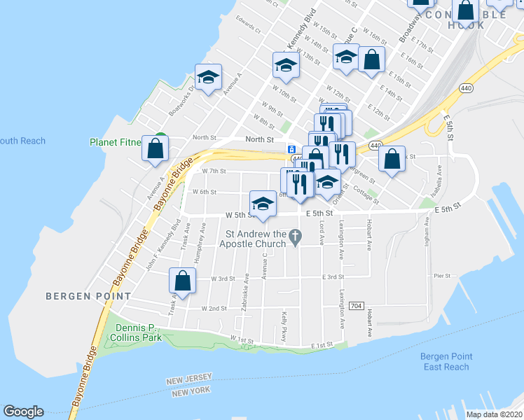 map of restaurants, bars, coffee shops, grocery stores, and more near 156 Avenue C in Bayonne