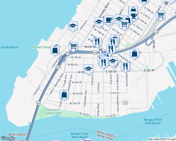 map of restaurants, bars, coffee shops, grocery stores, and more near 63 West 5th Street in Bayonne