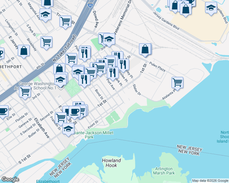 map of restaurants, bars, coffee shops, grocery stores, and more near 111 Pine Street in Elizabeth
